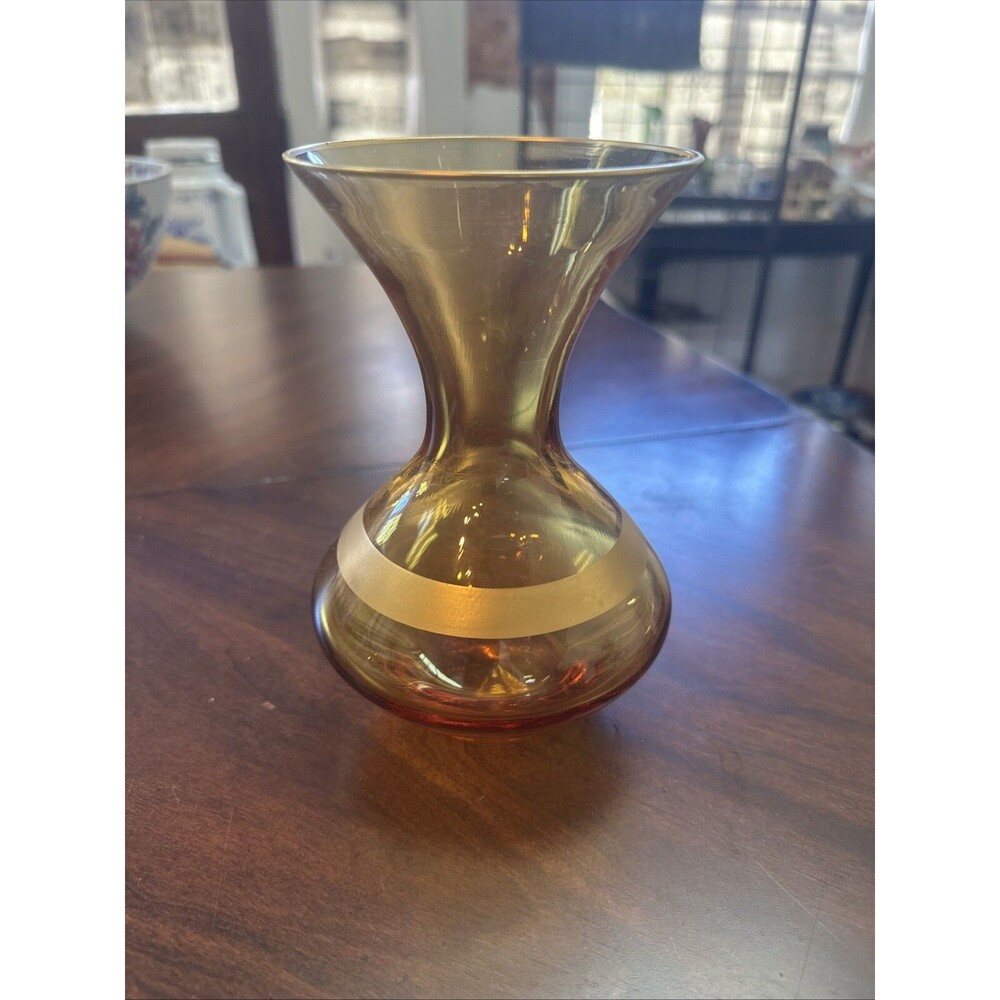 Mid century Glass Amber Vase w/ Gold band and trim 7" Tall